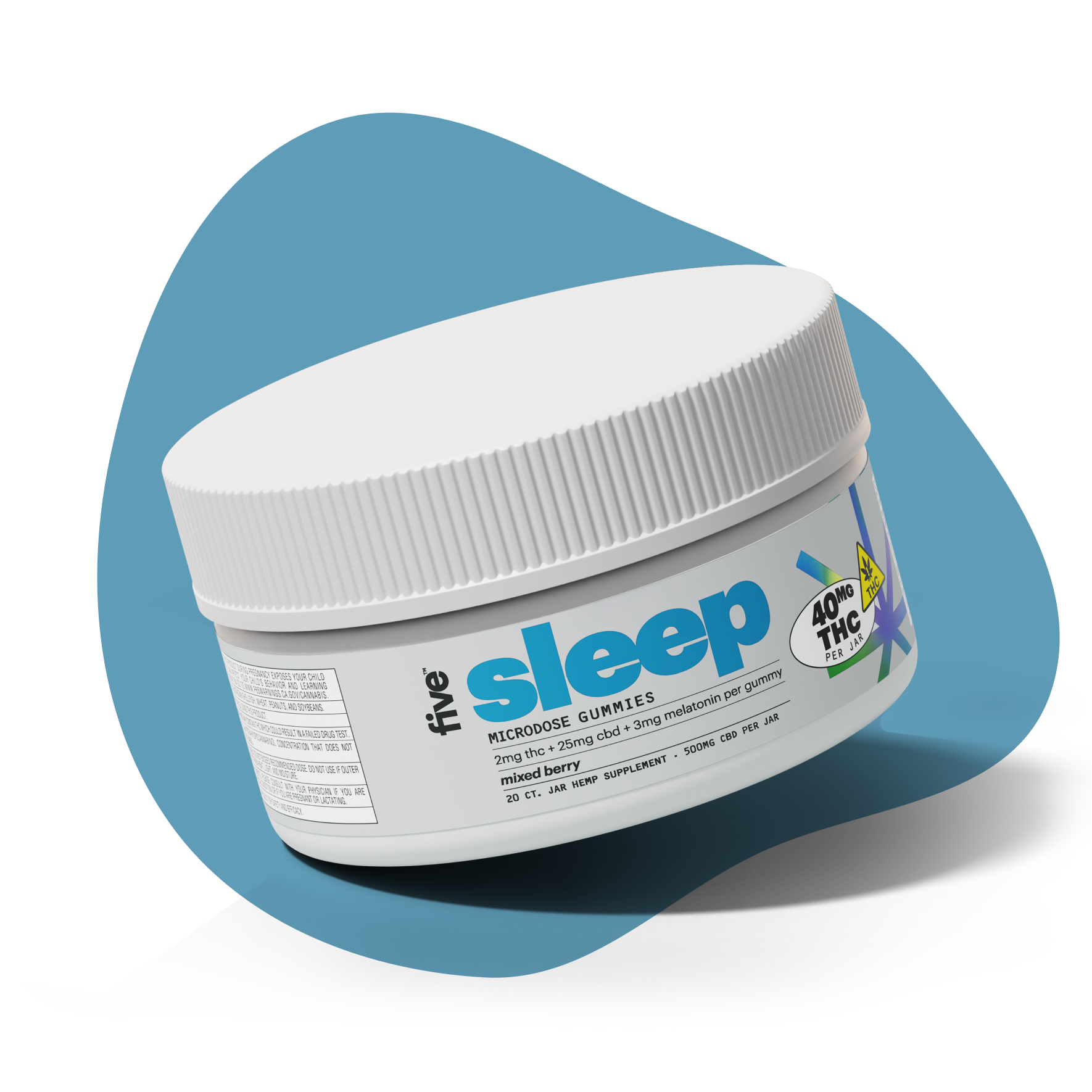 White jar labeled 'sleep' with 'five' logo; 'MICRODOSE GUMMIES', 'mixed berry' flavor and badge '40MG THC PER JAR'.