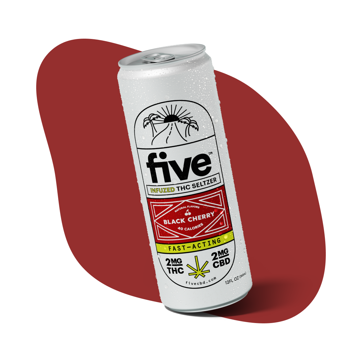 five INFUZED THC SELTZER - NATURAL FLAVORS BLACK CHERRY 40 CALORIES FAST-ACTING 2MG THC 2MG CBD fivecbd.com 12FL OZ (355mL)