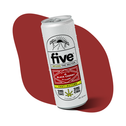 five INFUZED THC SELTZER - NATURAL FLAVORS BLACK CHERRY 40 CALORIES FAST-ACTING 2MG THC 2MG CBD fivecbd.com 12FL OZ (355mL)