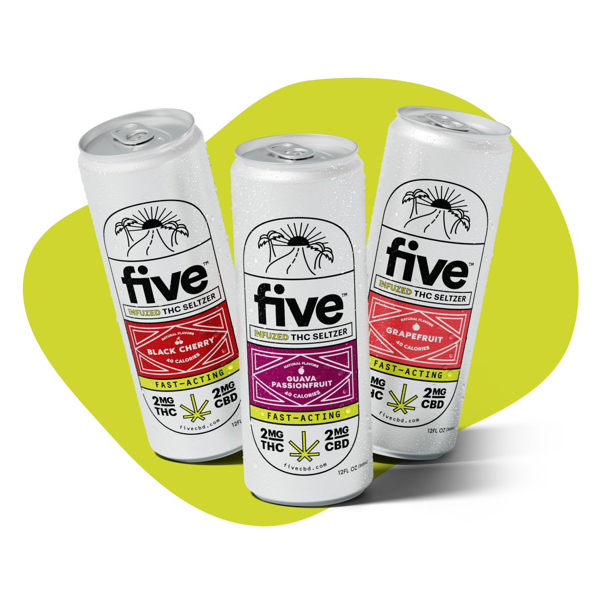five INFUZED THC SELTZER BLACK CHERRY GUAVA PASSIONFRUIT GRAPEFRUIT FAST-ACTING 2MG THC 2MG CBD 40 CALORIES fivecbd.com