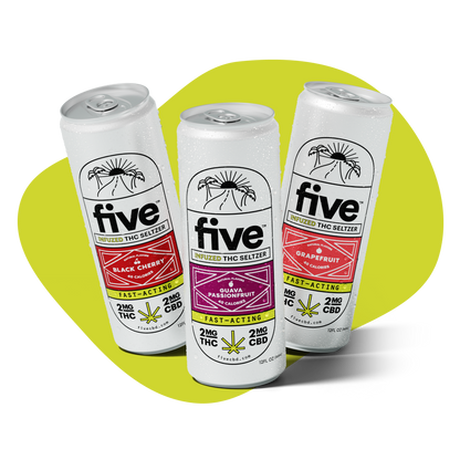 five INFUZED THC SELTZER BLACK CHERRY GUAVA PASSIONFRUIT GRAPEFRUIT FAST-ACTING 2MG THC 2MG CBD 40 CALORIES fivecbd.com