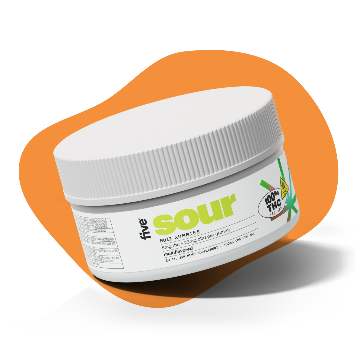 five sour BUZZ GUMMIES — 5mg thc + 25mg cbd per gummy; 100MG THC PER JAR; 500MG CBD PER JAR