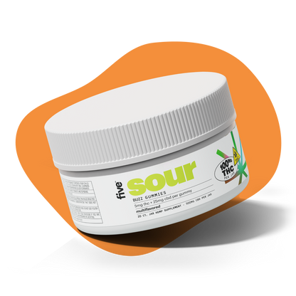 five sour BUZZ GUMMIES — 5mg thc + 25mg cbd per gummy; 100MG THC PER JAR; 500MG CBD PER JAR