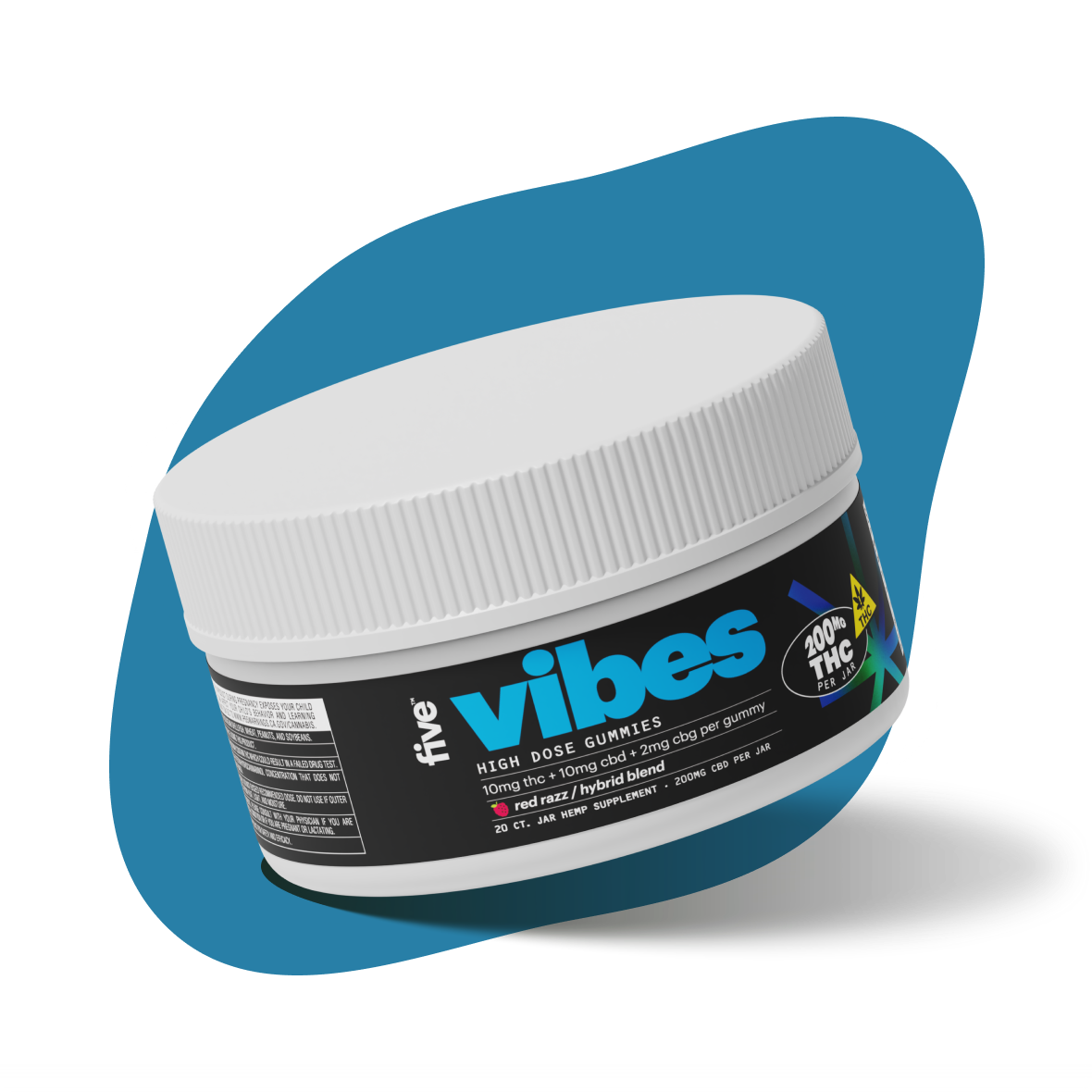 five vibes jar — HIGH DOSE GUMMIES; 10mg thc + 10mg cbd + 2mg cbg per gummy; red razz / hybrid blend; 200mg THC PER JAR