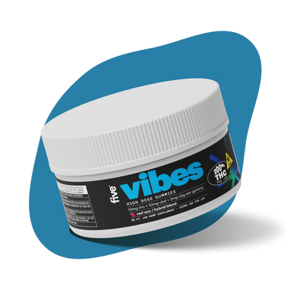 five vibes jar — HIGH DOSE GUMMIES; 10mg thc + 10mg cbd + 2mg cbg per gummy; red razz / hybrid blend; 200mg THC PER JAR