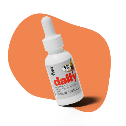 White dropper bottle labeled 'daily' MICRODOSE OIL; 2mg thc + 50mg cbd per dropper; citrus