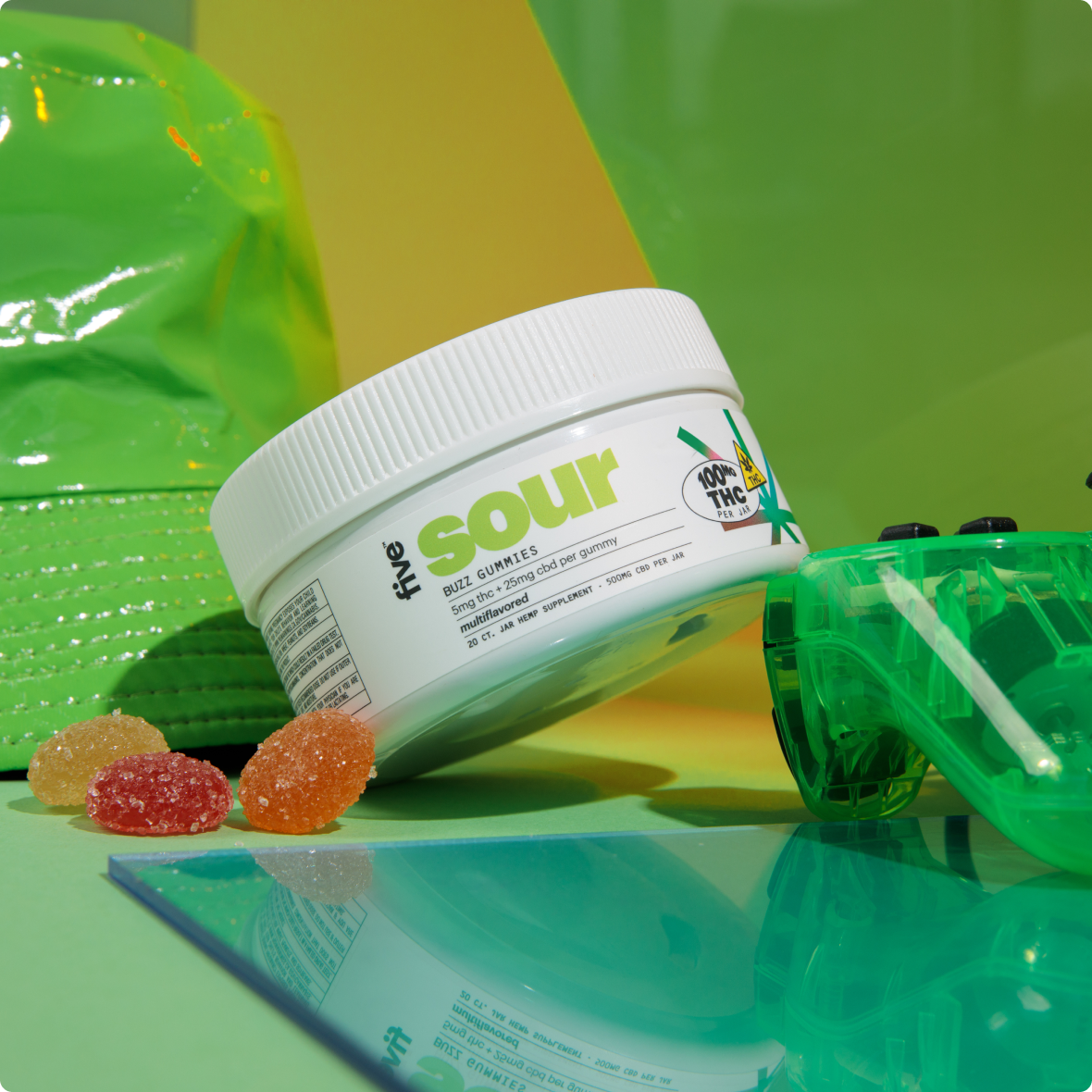 five sour BUZZ GUMMIES; 5mg thc + 25mg cbd per gummy; multiflavor; 100mg THC PER JAR