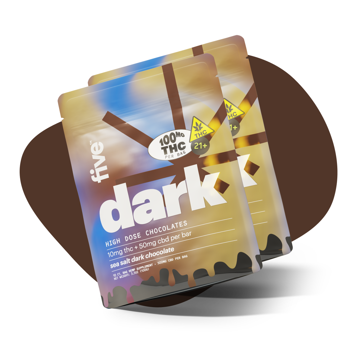 Two pouches: five, dark, HIGH DOSE CHOCOLATES, 10mg thc + 50mg cbd per bar, sea salt dark chocolate, 100MG THC PER BAG, 21+