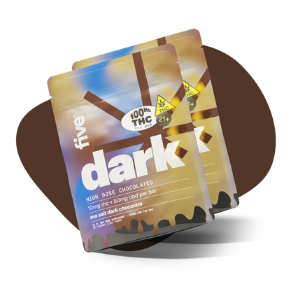 Two pouches: five, dark, HIGH DOSE CHOCOLATES, 10mg thc + 50mg cbd per bar, sea salt dark chocolate, 100MG THC PER BAG, 21+