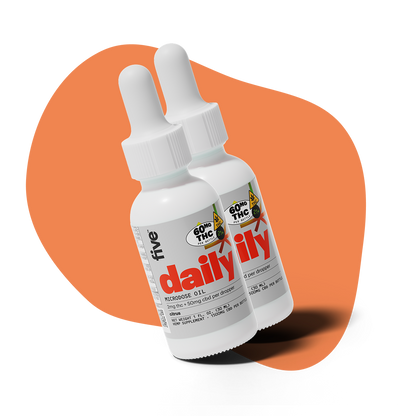 Two white dropper bottles labeled 'five daily' with 60mg THC per bottle, 2mg THC + 50mg CBD per dropper, citrus flavor, and hemp supplement details.