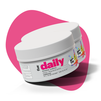 Two white jars labeled 'five daily MICRODOSE GUMMIES 2mg thc + 25mg cbd per gummy multiflavored' and '40MG THC PER JAR'