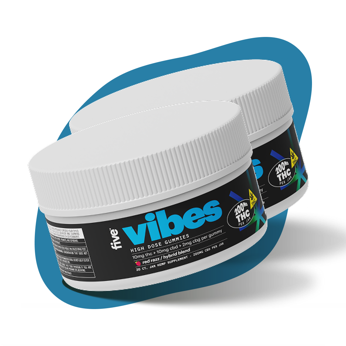 Two white-lidded jars of Five Vibes cannabis gummies with black labels reading vibes, five, HIGH DOSE GUMMIES, 200mg THC.