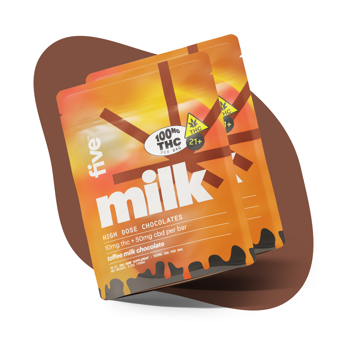 milk; five; 100MG THC PER BAG; 21+; HIGH DOSE CHOCOLATES; 10mg thc + 50mg cbd per bar; toffee milk chocolate