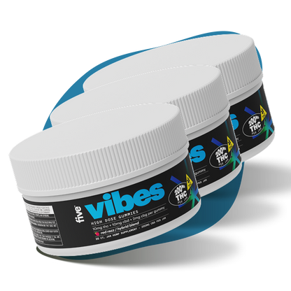 Three jars of 'vibes' five HIGH DOSE GUMMIES — 200mg THC PER JAR; 10mg thc + 10mg cbd + 2mg per gummy
