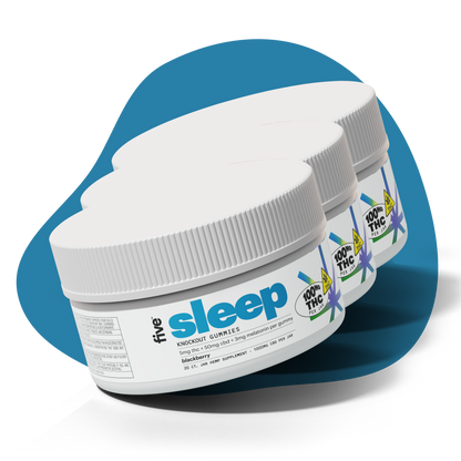 Three jars of five sleep knockout gummies labeled blackberry, containing 5mg THC, 50mg CBD, and 3mg melatonin per gummy. Each jar has 100mg THC per jar and is a 20 count jar hemp supplement.