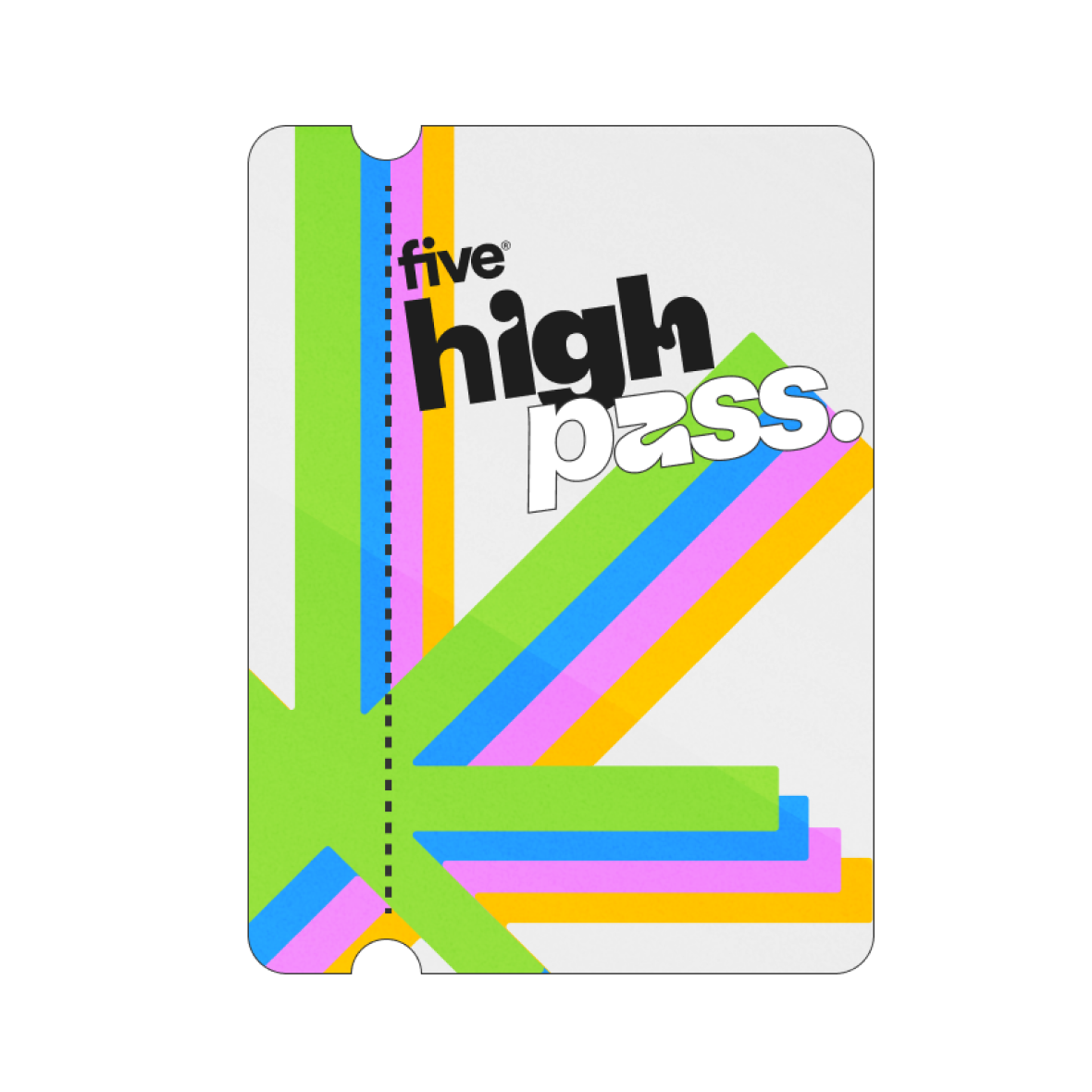 Membership card with colorful diagonal stripes and text 'five high pass.'