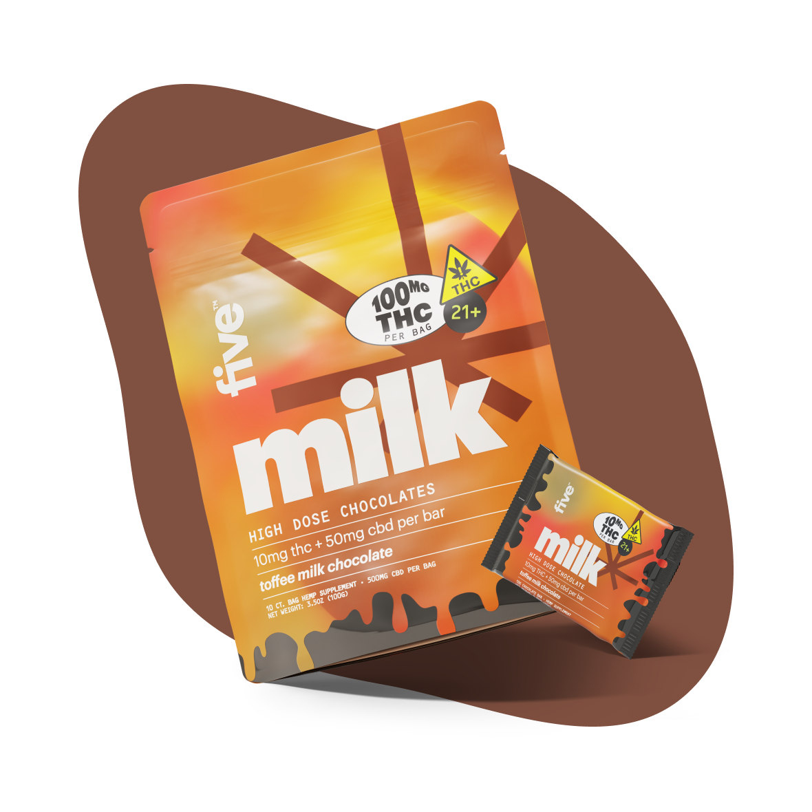 five milk bag, 100MG THC PER BAG, 21+, milk HIGH DOSE CHOCOLATES, 10mg thc + 50mg cbd per bar, toffee milk chocolate