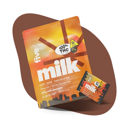 five milk bag, 100MG THC PER BAG, 21+, milk HIGH DOSE CHOCOLATES, 10mg thc + 50mg cbd per bar, toffee milk chocolate
