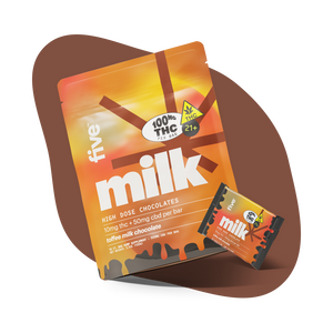 five milk bag, 100MG THC PER BAG, 21+, milk HIGH DOSE CHOCOLATES, 10mg thc + 50mg cbd per bar, toffee milk chocolate