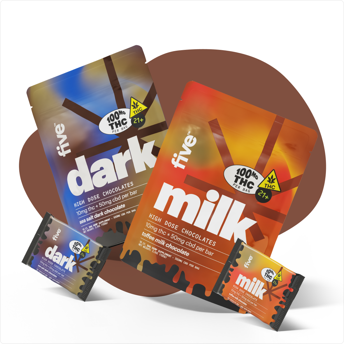 Five dark high dose chocolates sea salt dark chocolate 10mg THC + 50mg CBD per bar 100mg THC per bag 21+ warning; Five milk high dose chocolates toffee milk chocolate 10mg THC + 50mg CBD per bar 100mg THC per bag 21+ warning, with smaller bars shown