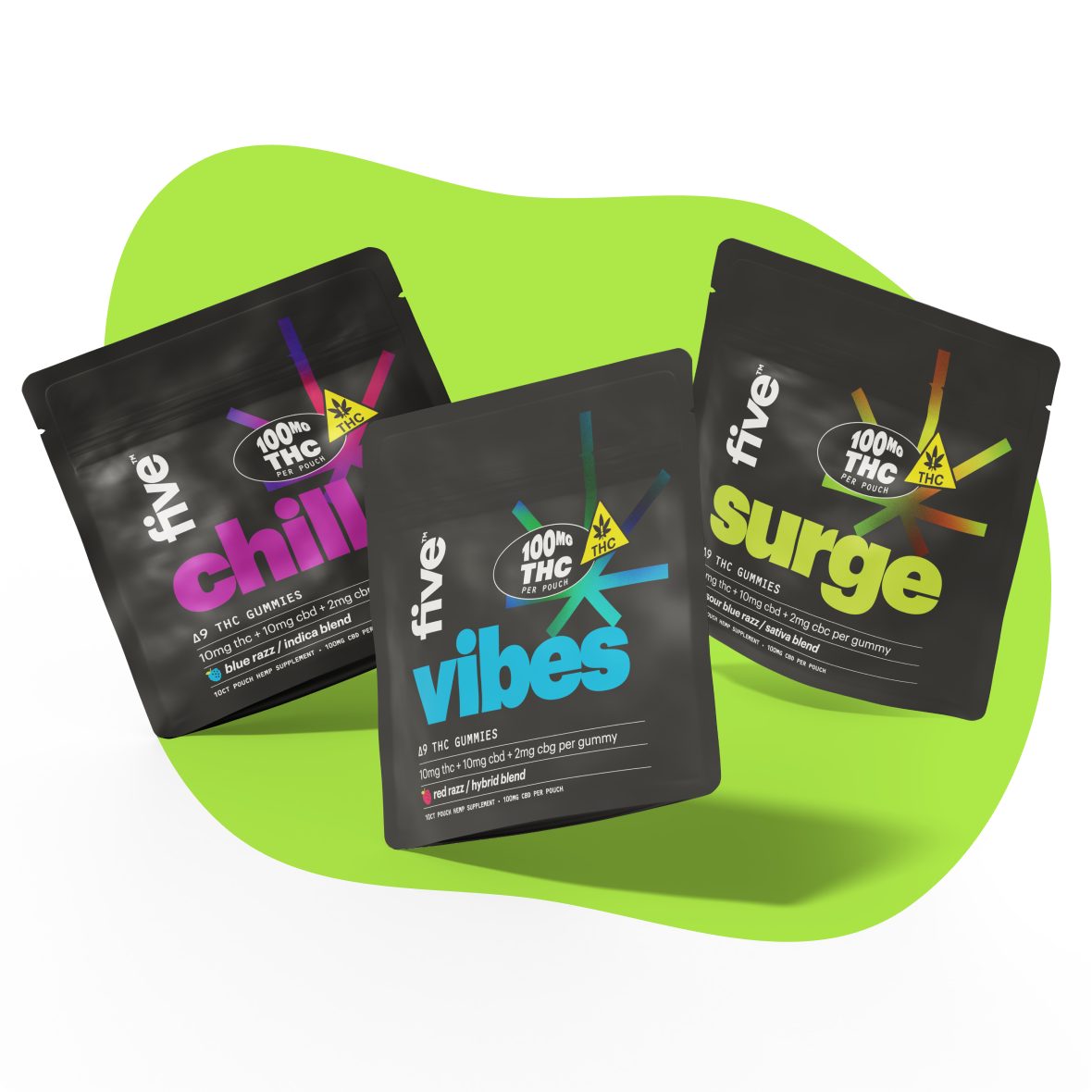 Variety pack of Chill, Vibes and Surge THC Gummies