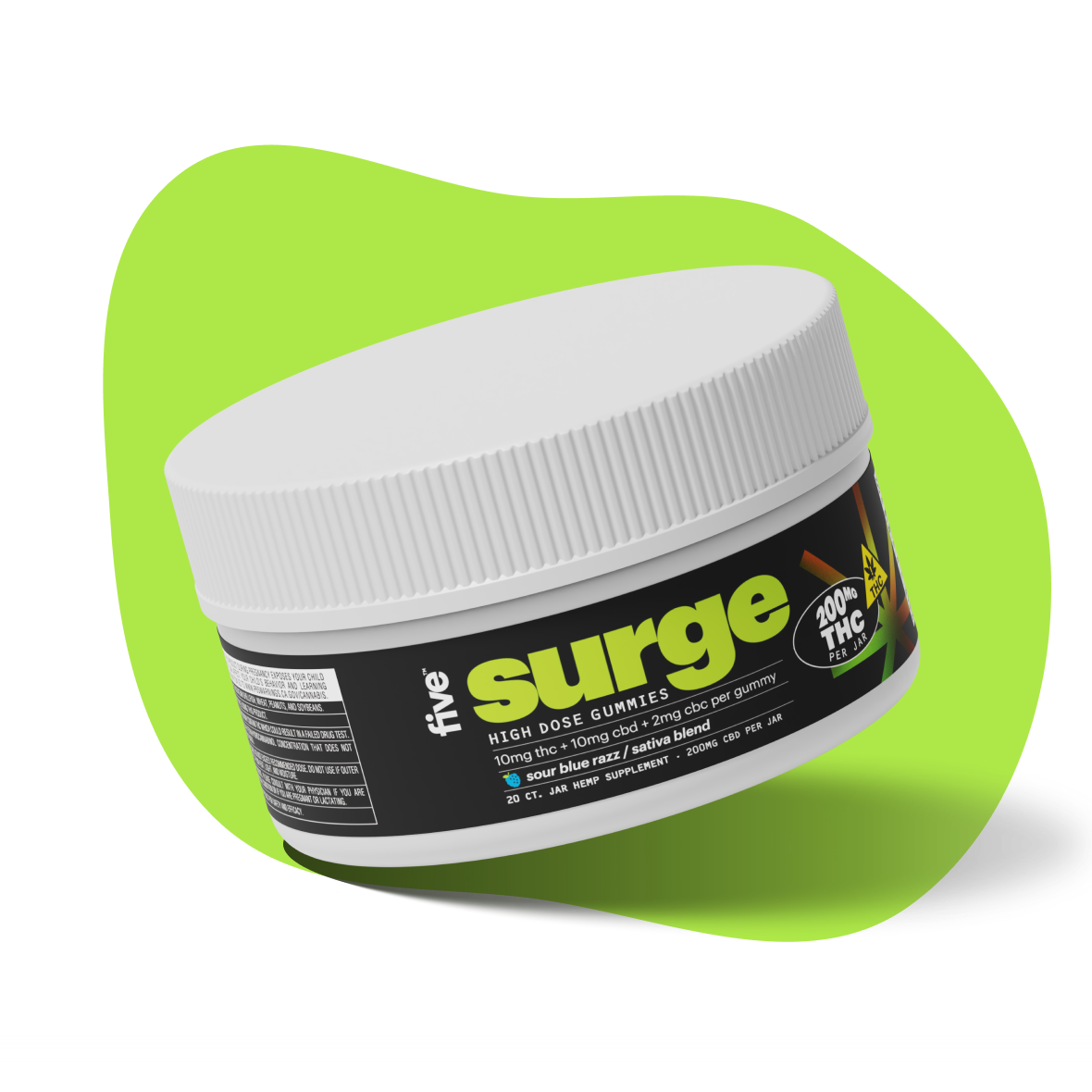 White plastic jar tilted on lime backdrop, black label reading 'surge', 'HIGH DOSE GUMMIES' and circular '200mg THC per jar' badge