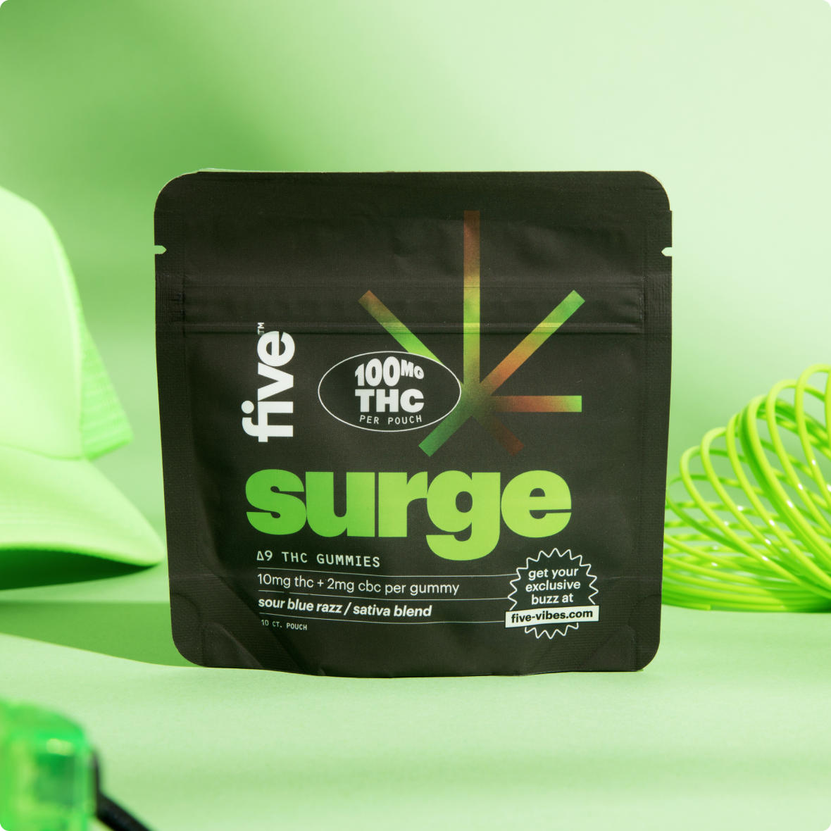 Surge THC gummies pouch — sour blue razz sativa blend, 10mg THC + 2mg CBC per gummy, 100mg THC per pouch