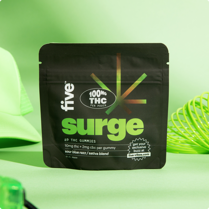Surge THC gummies pouch — sour blue razz sativa blend, 10mg THC + 2mg CBC per gummy, 100mg THC per pouch