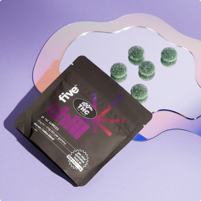 five chill pouch of THC gummies showing 100mg THC PER POUCH and THC GUMMIES