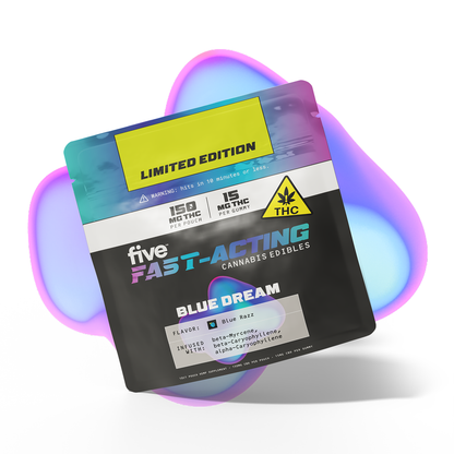 LIMITED EDITION five FAST-ACTING CANNABIS EDIBLES — BLUE DREAM, Flavor Blue Razz; 15 MG THC per piece; 150 MG THC per pouch