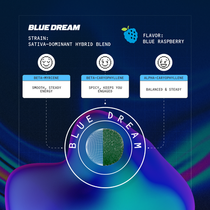 Blue Dream strain infographic listing terpenes beta-myrcene, beta-caryophyllene, alpha-caryophyllene; flavor: Blue Raspberry