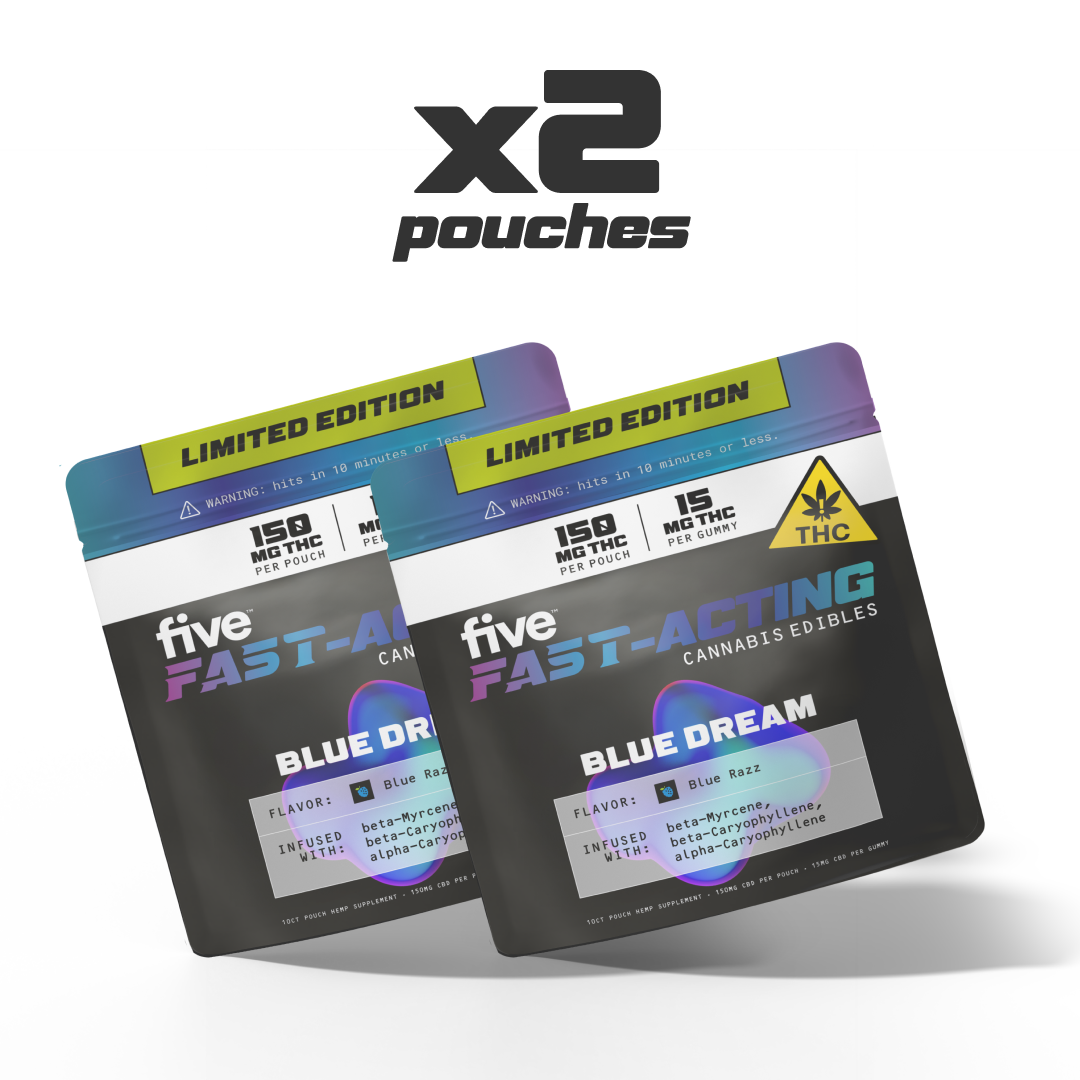x2 pouches LIMITED EDITION five FAST-ACTING CANNABIS EDIBLES BLUE DREAM 150 MG THC PER POUCH 15 MG THC PER SERVING