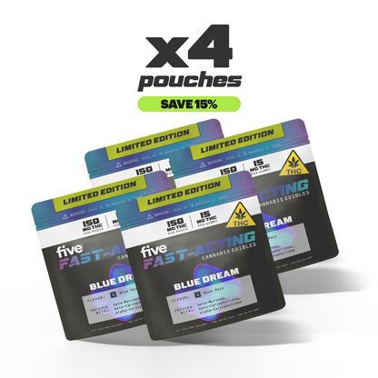 x4 pouches SAVE 15% LIMITED EDITION five FAST-ACTING CANNABIS EDIBLES BLUE DREAM 150 MG THC 15 MG THC