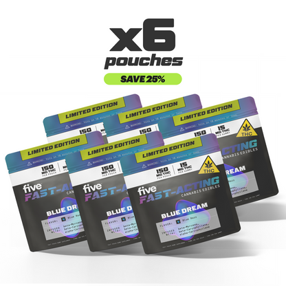Six pouches of five FAST-ACTING Cannabis Edibles, Blue Dream flavor, labeled LIMITED EDITION, each with 150 MG THC per pouch and 15 MG THC per gummy, infused with beta-Myrcene, beta-Caryophyllene, and alpha-Caryophyllene.