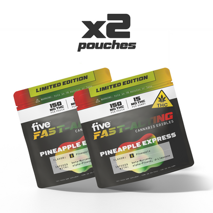 x2 pouches LIMITED EDITION five FAST-ACTING PINEAPPLE EXPRESS CANNABIS EDIBLES 150 MG THC PER POUCH FLAVOR