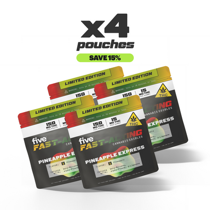 Four pouches of Five Fast-Acting Pineapple Express cannabis edibles, each with 15 mg THC, labeled Limited Edition, with a SAVE 15% offer.