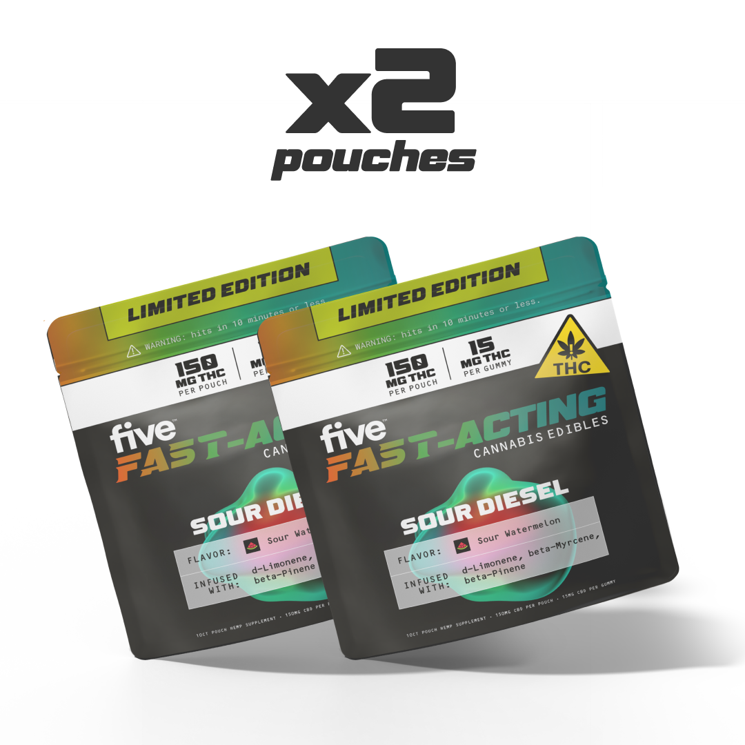 Two limited-edition Five Fast-Acting Sour Diesel THC gummy pouches (x2), 150 mg per pouch, 15 mg per gummy.