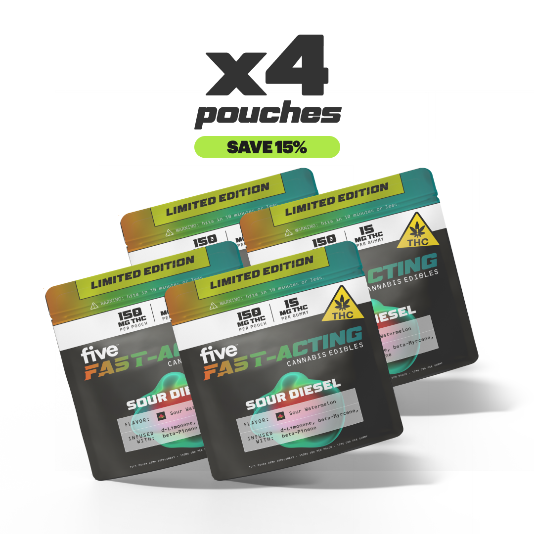 Four limited-edition Five Fast-Acting Sour Diesel pouches — 15 mg THC per gummy, 150 mg per pouch, save 15%