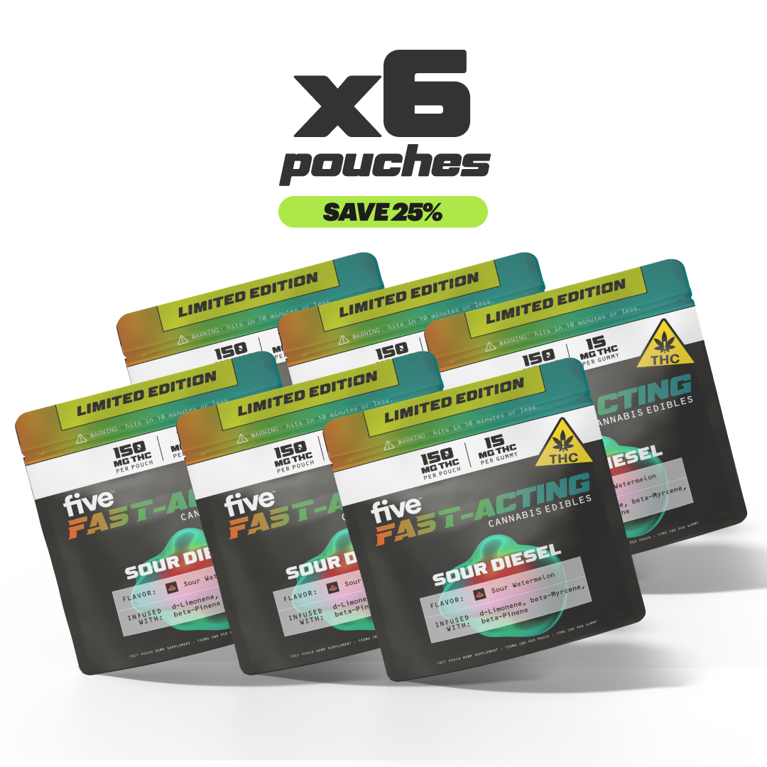 Six pouches of Five Fast-Acting Cannabis Edibles, Sour Diesel flavor, each with 150 mg THC per pouch and 15 mg THC per gummy, labeled Limited Edition, with flavor notes Sour Watermelon and infused with d-Limonene, beta-Myrcene, beta-Pinene.