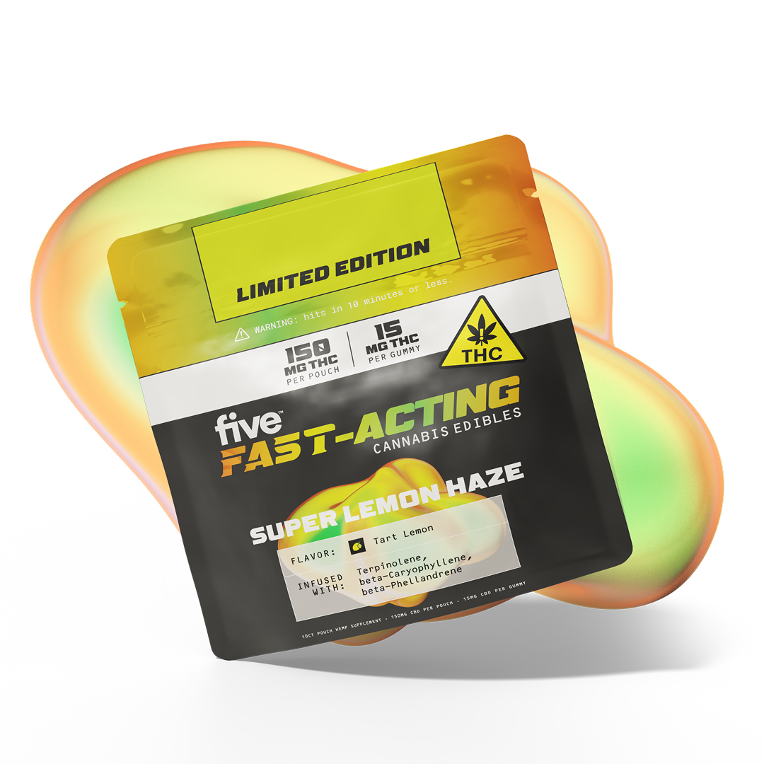 Five fast-acting cannabis edibles pouch — Super Lemon Haze flavor, 150 mg THC per pouch, 15 mg THC per gummy, Limited Edition