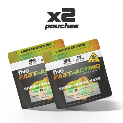 x2 pouches — five FAST-ACTING Super Lemon Haze cannabis edibles, 15 mg THC per gummy, limited edition