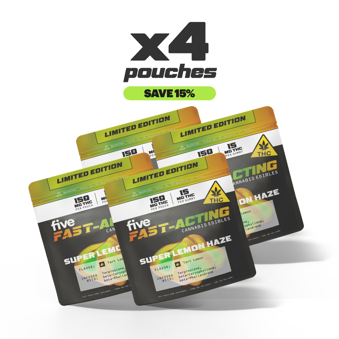 x4 pouches, SAVE 15%, LIMITED EDITION; five FAST-ACTING CANNABIS EDIBLES — SUPER LEMON HAZE, 15 MG THC