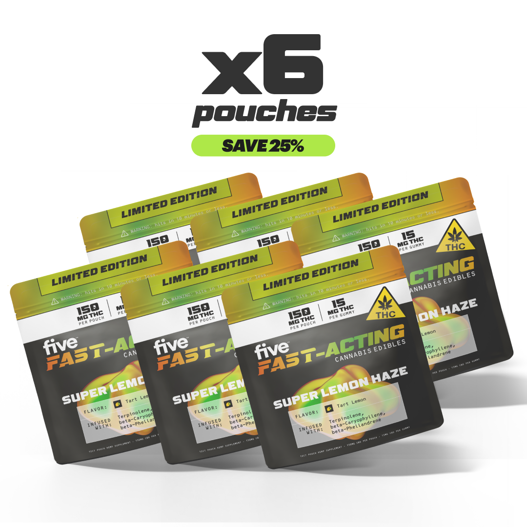 Six pouches of Five Fast-Acting cannabis edibles, Super Lemon Haze flavor, each with 150 mg THC per pouch, labeled Limited Edition, with flavor Tart Lemon and infused with Terpinolene, beta-Caryophyllene, beta-Phellandrene.