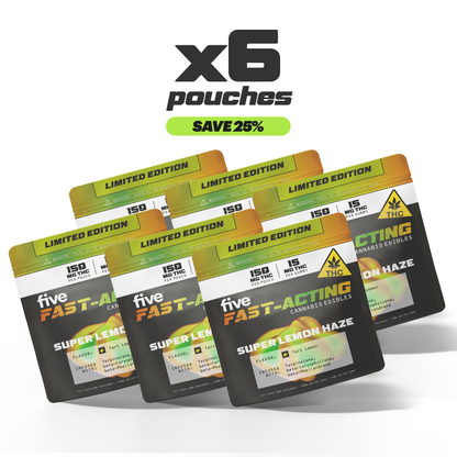 Six pouches of Five Fast-Acting cannabis edibles, Super Lemon Haze flavor, each with 150 mg THC per pouch, labeled Limited Edition, with flavor Tart Lemon and infused with Terpinolene, beta-Caryophyllene, beta-Phellandrene.