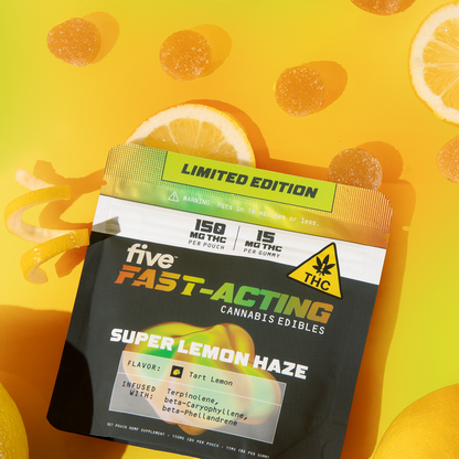 five FAST-ACTING cannabis edibles pouch labeled 'LIMITED EDITION', SUPER LEMON HAZE, FLAVOR: Tart Lemon