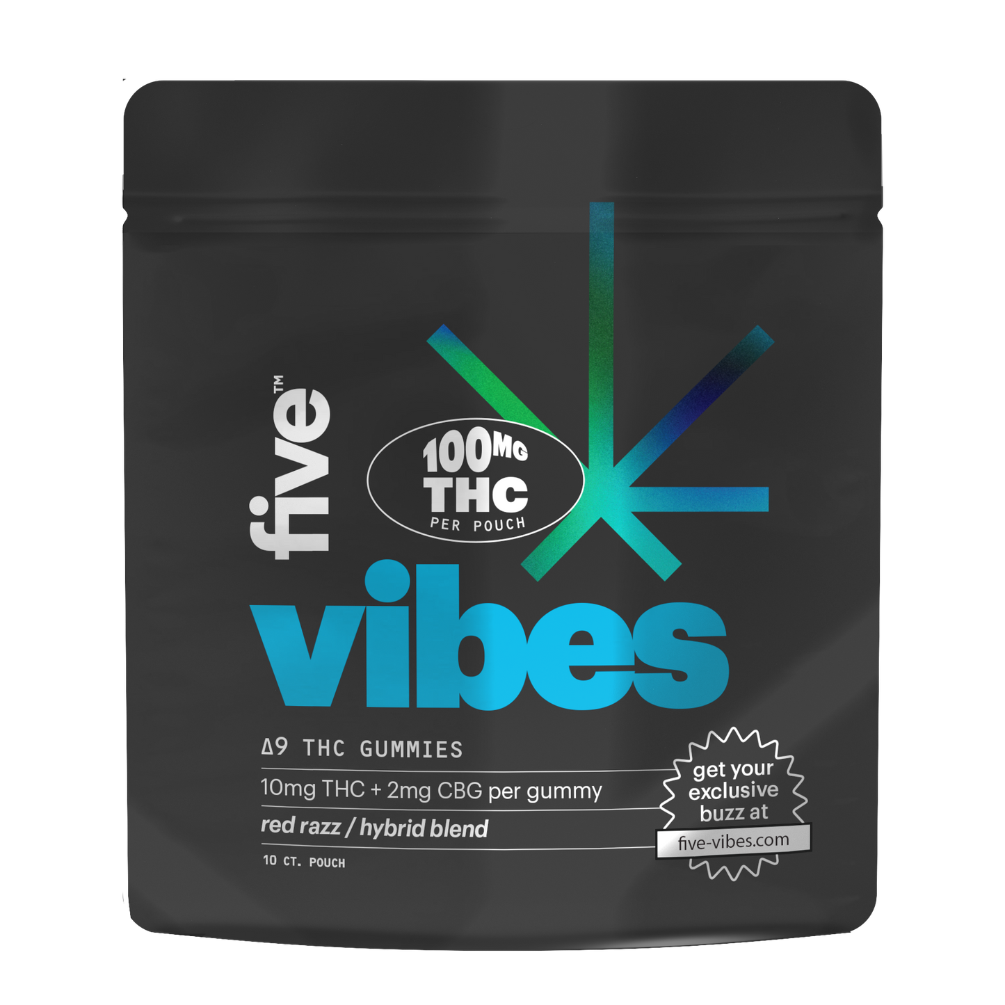 Front view of Five Vibes 10ct Red Razz hybrid gummies pouch with 100 mg THC per pouch and 10 mg THC and 2 mg CBG per gummy