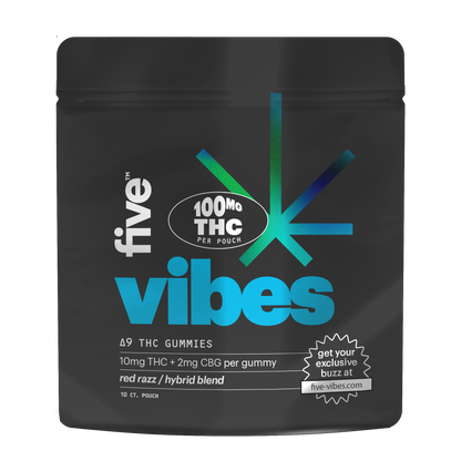 Front view of Five Vibes 10ct Red Razz hybrid gummies pouch with 100 mg THC per pouch and 10 mg THC and 2 mg CBG per gummy