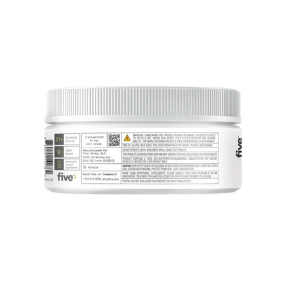 Back of Sour Buzz 5mg THC gummy jar showing back label with dosage, CBD and THC amounts, warning text, and brand logo on white background