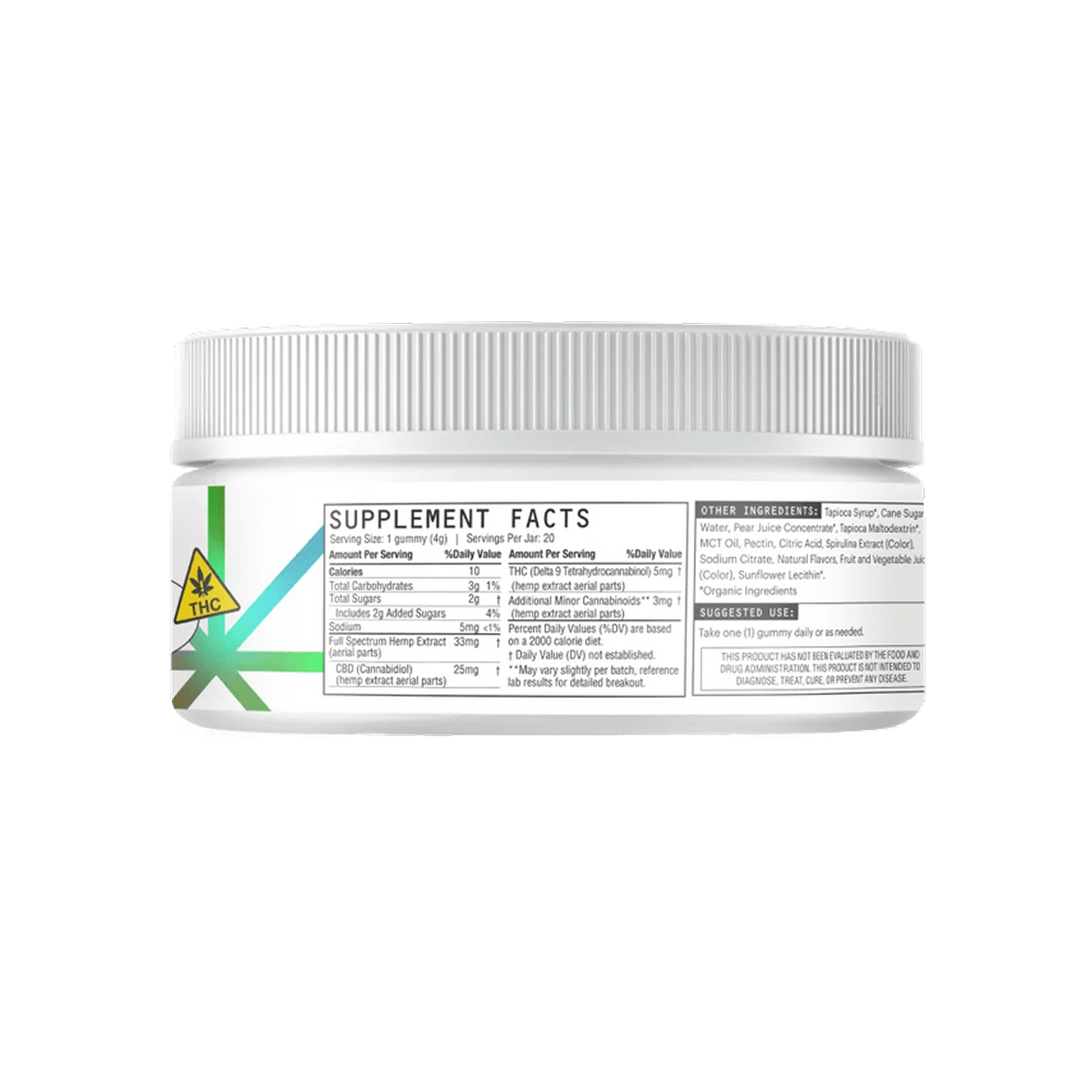Back of Sour Buzz gummies jar showing Supplement Facts with 5 mg Delta 9 THC and 25 mg CBD per gummy