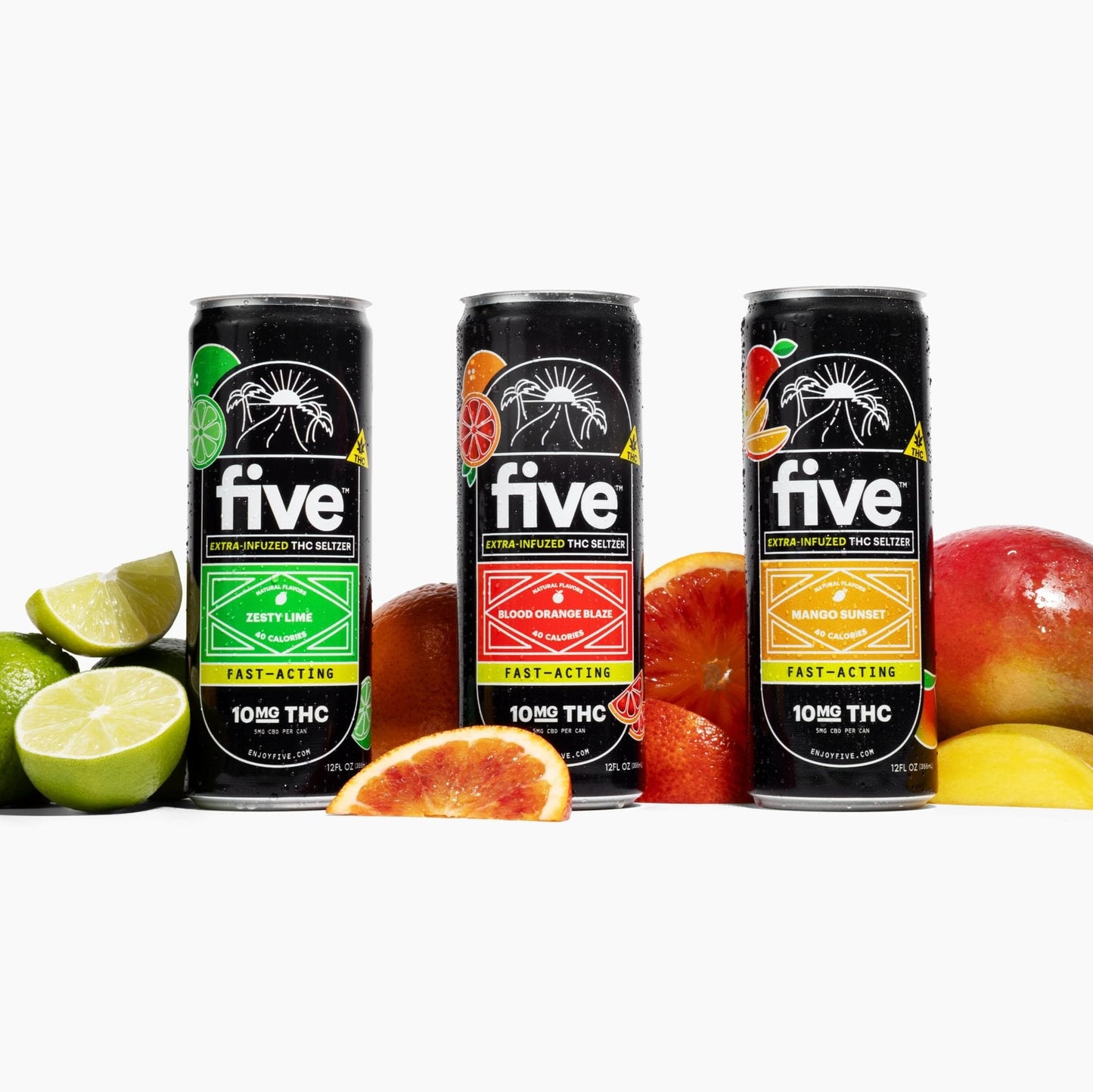 Three Five THC seltzer cans—Zesty Lime, Blood Orange Blaze, Mango Sunset—arranged with lime, blood orange and mango slices.